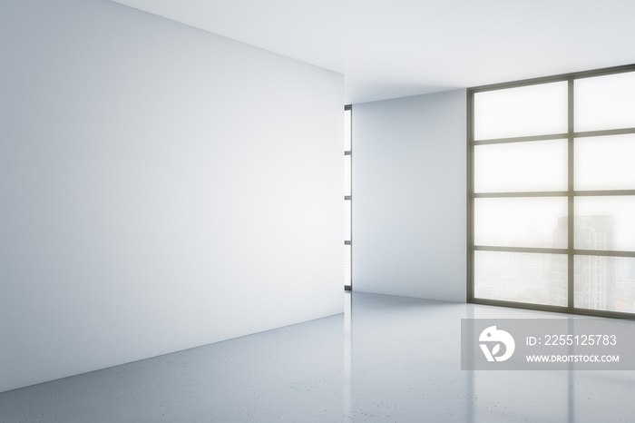 Minimalistic style part of light room with big windows with smoky city view, blank white wall and glossy floor. Mockup. 3D rendering.