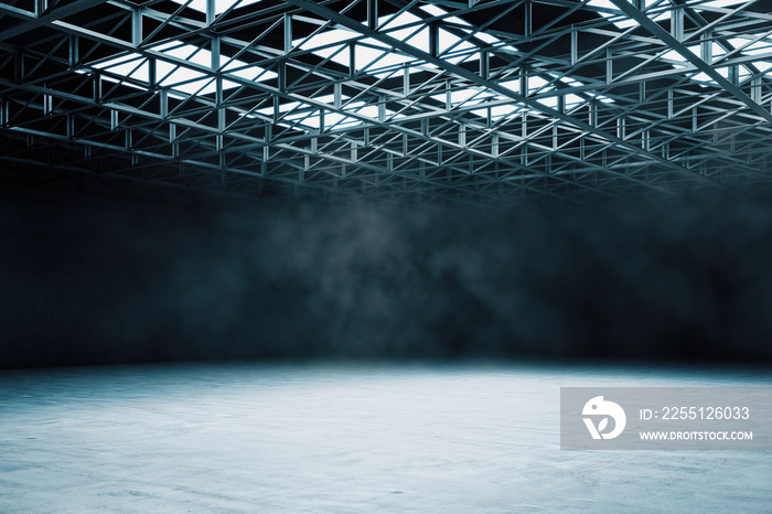 Large hangar with metal structure on ceiling.