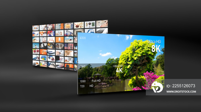 8K resolutions compare. TV multimedia concept