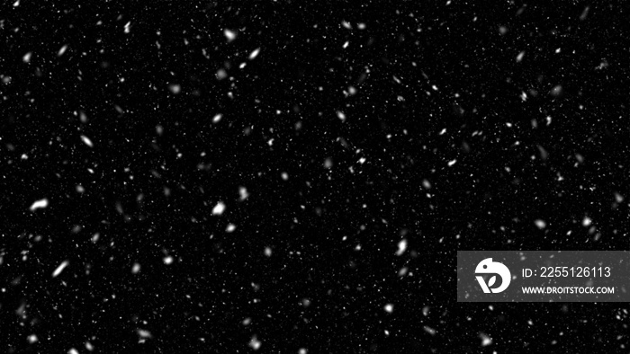 Falling realistic natural snowflakes overlay from top to bottom - calm snow for digital composition and photo composite with black background