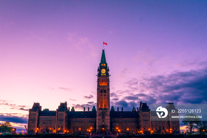 Canada parliament building and centennial flame fountain in Ottawa during blue hour