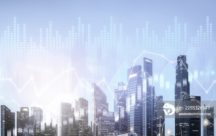 As background for a financial or business concept, digital screen and financial graphs overlap on a picture of modernistic cityscape, skyscrabbers.