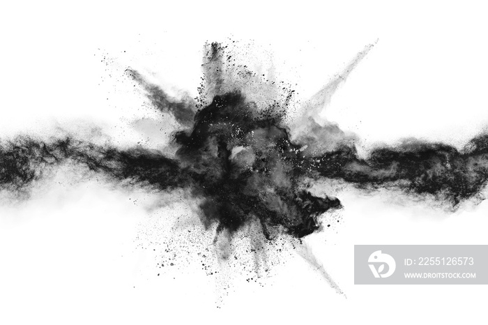 particles of charcoal on white background,abstract powder splatted on white background,Freeze motion of black powder exploding or throwing black powder.