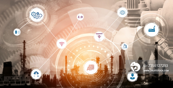 Industry 4.0 technology concept - Smart factory for fourth industrial revolution with icon graphic showing automation system by using robots and automated machinery controlled via internet network .