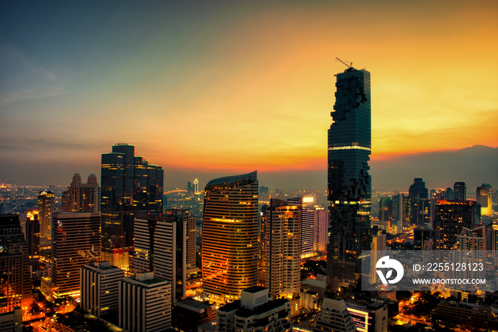 Cityscape at sunset sky by long shutter speed in Bangkok City of Thailand.