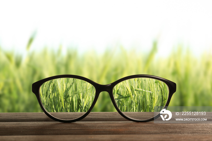 Stylish eyeglasses on wooden table in wheat field