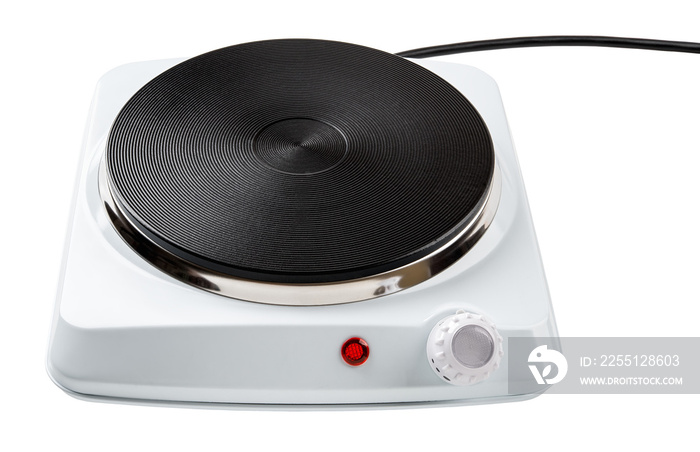 Single burner hot plate for cooking cutout. Portable cooktop isolated on a white background. Compact electric stove with temperature control knob. Electrical appliances concept.