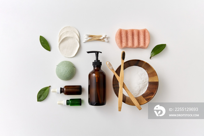 beauty, sustainability and eco living concept - natural cosmetics and bodycare eco products on white background