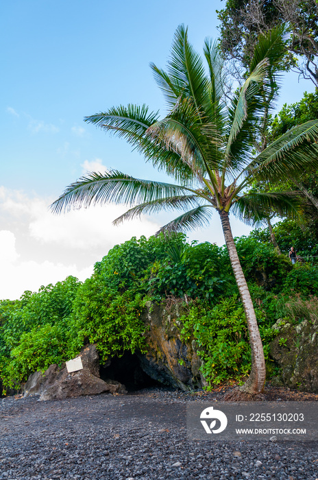 Black Sand Beach and Tropical Coastline along the Road to Hana, Maui, Hawaii