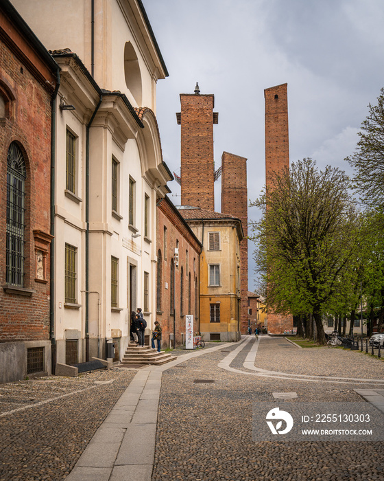 View of the three old medieval towers near University of Pavia, Lombardy, Italy