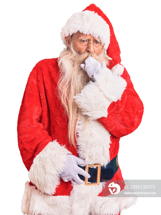 Old senior man with grey hair and long beard wearing traditional santa claus costume feeling unwell and coughing as symptom for cold or bronchitis. health care concept.