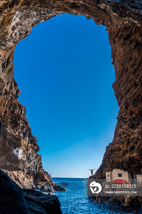 Spectacular interior of the cave in the town of Poris de Candelaria on the north-west coast of the island of La Palma, Canary Islands. Spain. Pirate town