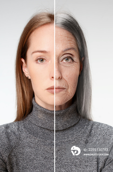 Comparison. Portrait of beautiful woman with problem and clean skin, aging and youth concept, beauty treatment and lifting. Before and after concept. Youth, old age. Process of aging and rejuvenation