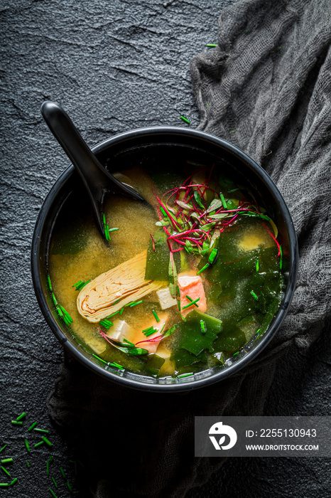 Yummy miso soup with salmon. Old Japanese cuisine.