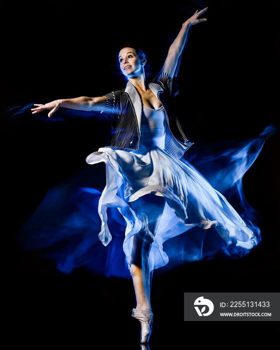 one caucasian woman modern ballet dancer dancing woman studio shot isolated on black bacground