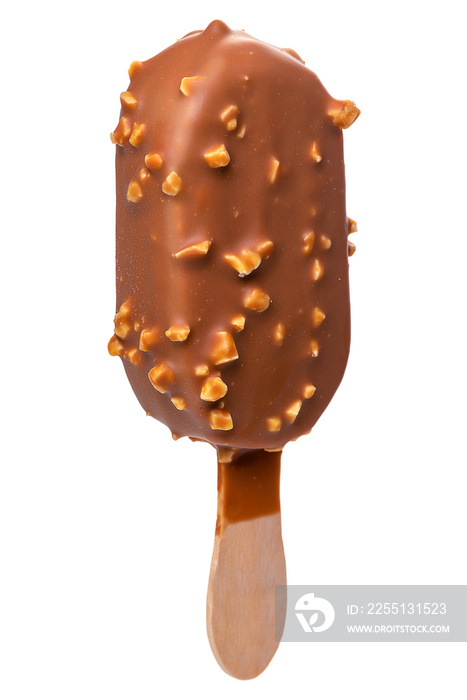 PNG. Ice cream in a glaze of milk chocolate and nuts on a wooden stick. Isolate on a white background