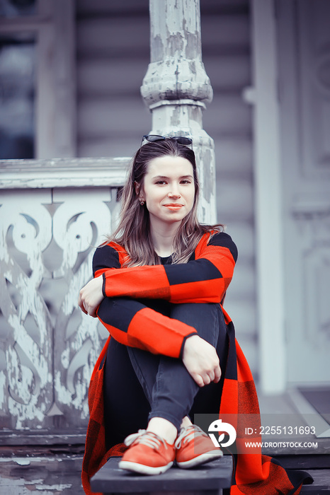 girl in coat outdoor / autumn photo model girl adult posing in park, girl in coat with long hair