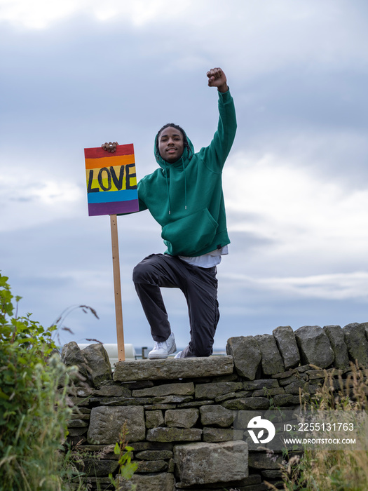 Teenage (16-17) boy standing on stone wall holding peace sign