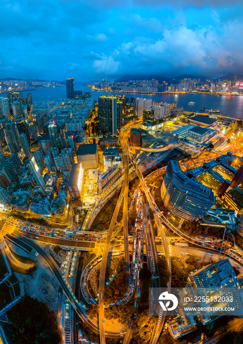 Aerial view of Hong Kong and Kowloon cityscape