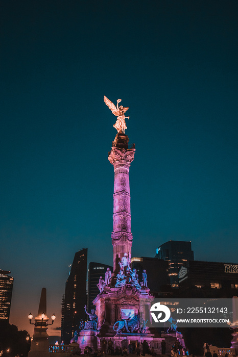 View at night of the Paseo de la Reforma Avenue and the Angel of Independence in Mexico City