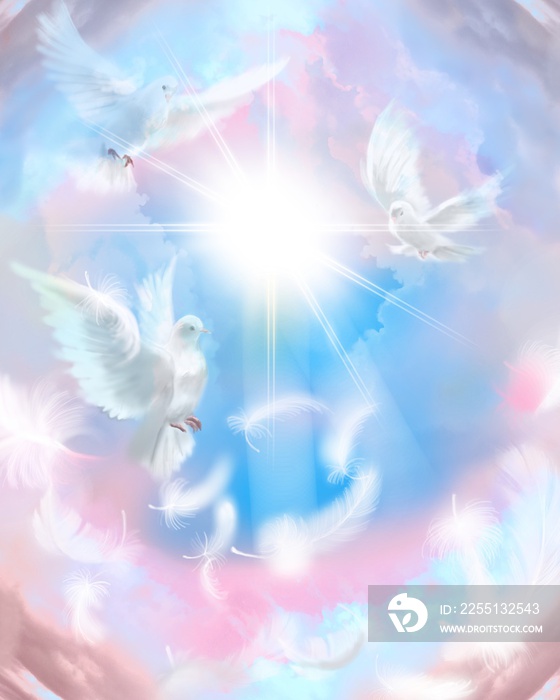 Illustration of The flying three white doves around clouds leading to shining heaven and the background of beautiful pastel color’s sky and fluffy feathers