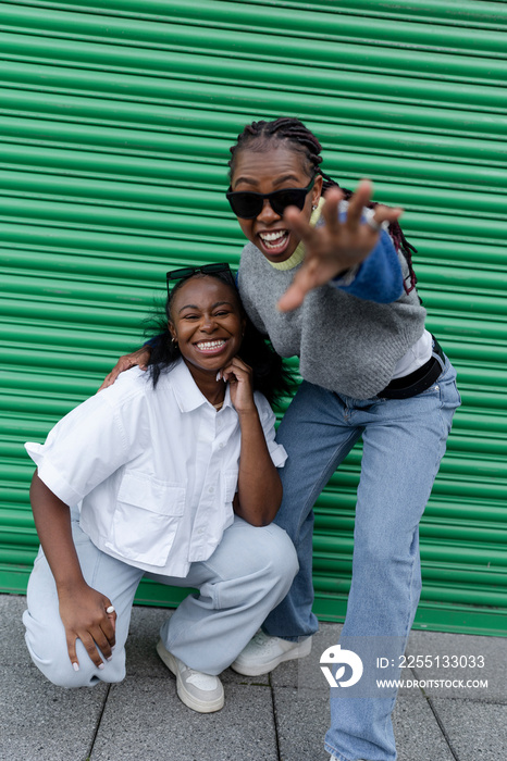 Portrait of stylish female couple against green door