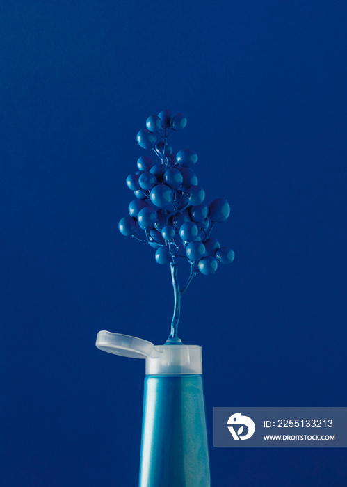 Blue grapes come out from blue tube of paint on blue background. Creative idea of summer or autumn fruit and nature concept. Colorful fruit inspiration.