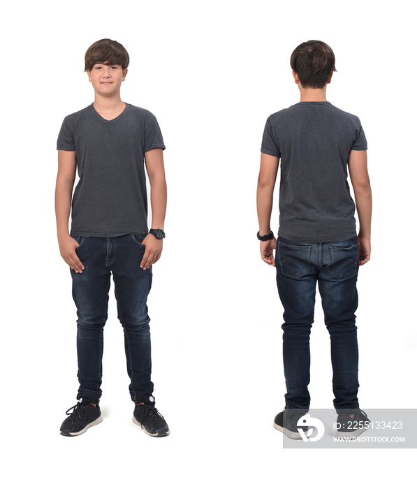 front  and back view of a same teenage boy standing on white background,