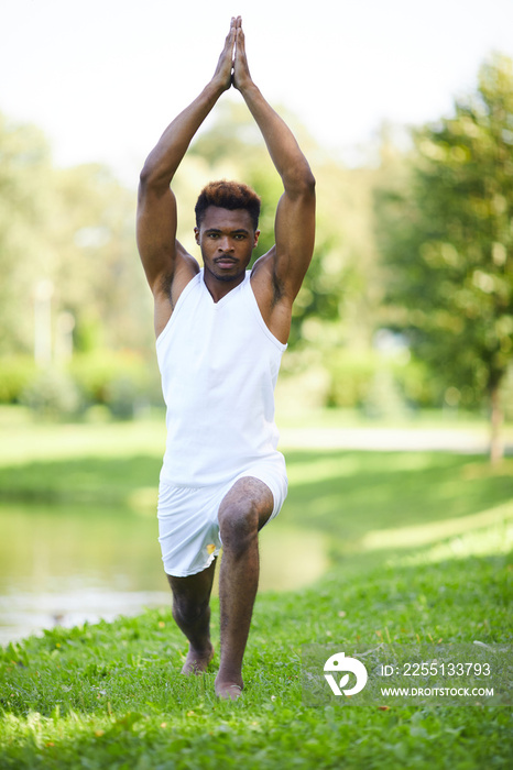 Serious concentrated young African-American man with mustache stretching leg and raising hands in Namaste while strengthening body with yoga exercise in summer park