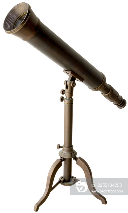 An antique telescope isolated on white background.