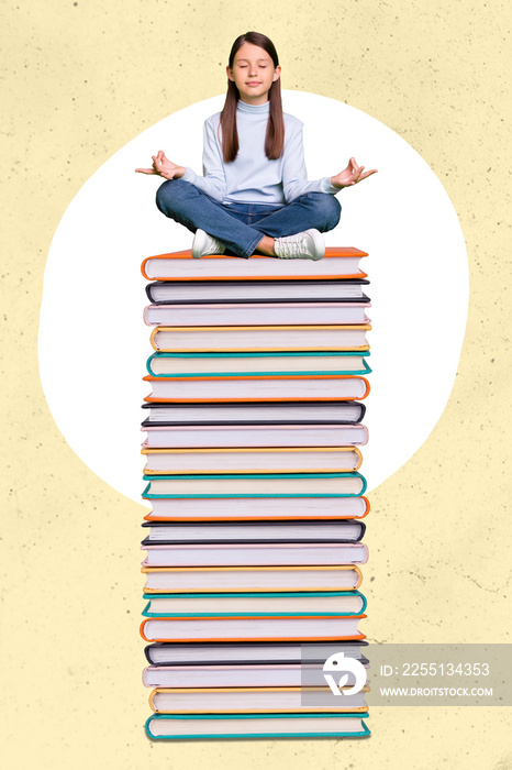 Vertical collage image of peaceful small girl sitting big pile stack book meditate isolated on creative background