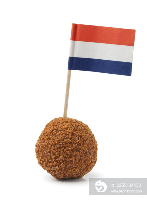 Single dutch traditional snack bitterbal with a dutch flag