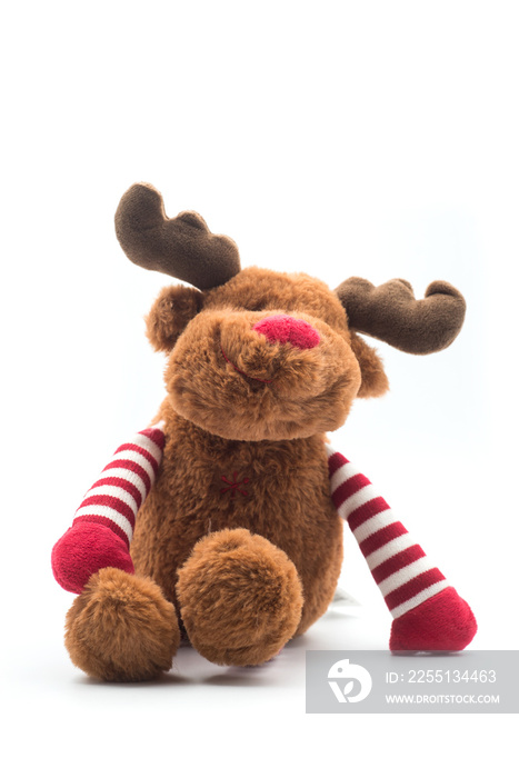 Closeup of reindeer plush sitting on white background