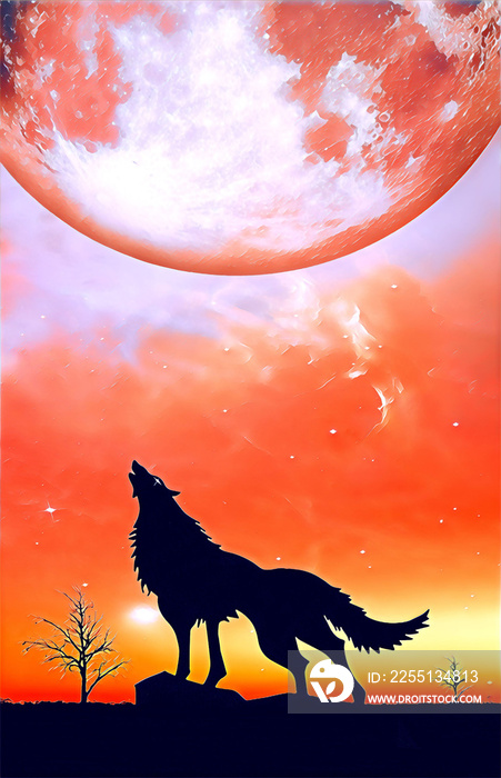 Fantasy landscape for e book cover - Howling wolf silhouette with huge planet rising in unreal sky digital illustration. Elements of this image furnished by NASA