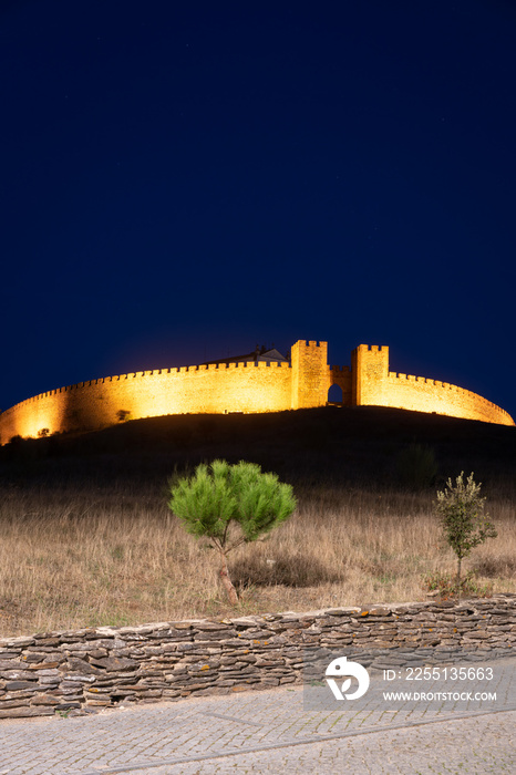 Arraiolos village castle with lights at night in Alentejo, Portugal