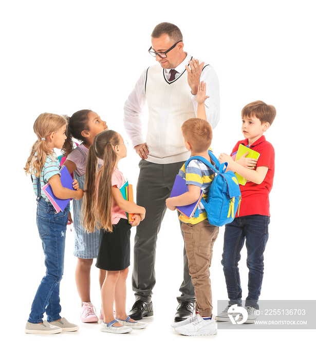 Little children with teacher on white background