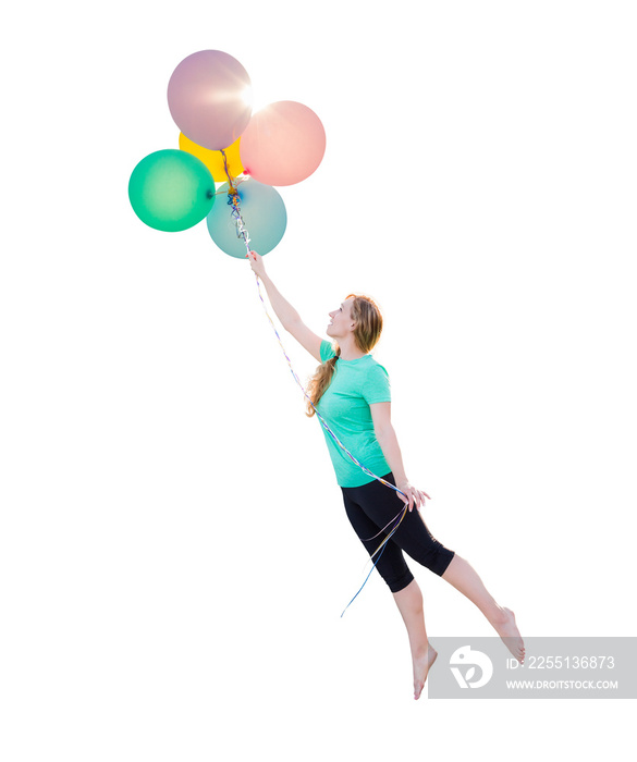 Tranparent PNG of Young Girl Being Carried Up and Away By Balloons That She Is Holding.