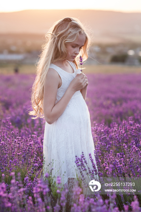 Beautiful small blond girl on the lavender field