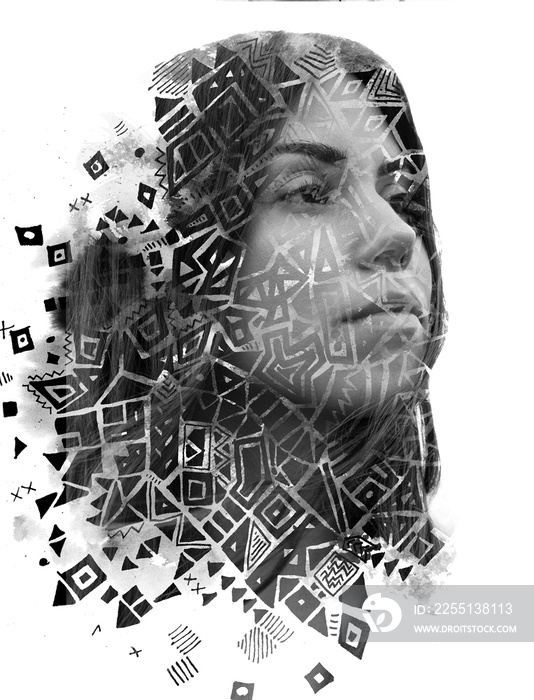 Paintography. Double Exposure portrait of a young beautiful woman combined with hand drawn ink painting using unique technique