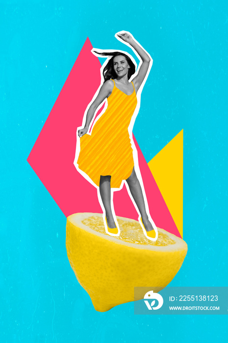 3d retro abstract creative artwork template collage of happy smiling lady dancing citrus half isolated painting background