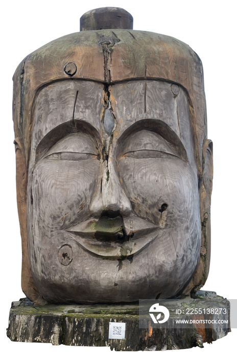 Isolated PNG cutout of a wooden sculpted head of Buddha on a transparent background, ideal for photobashing, matte-painting, concept art