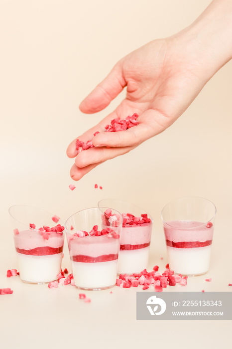 Hand sprinkles cups with panna cotta with freeze dried berries