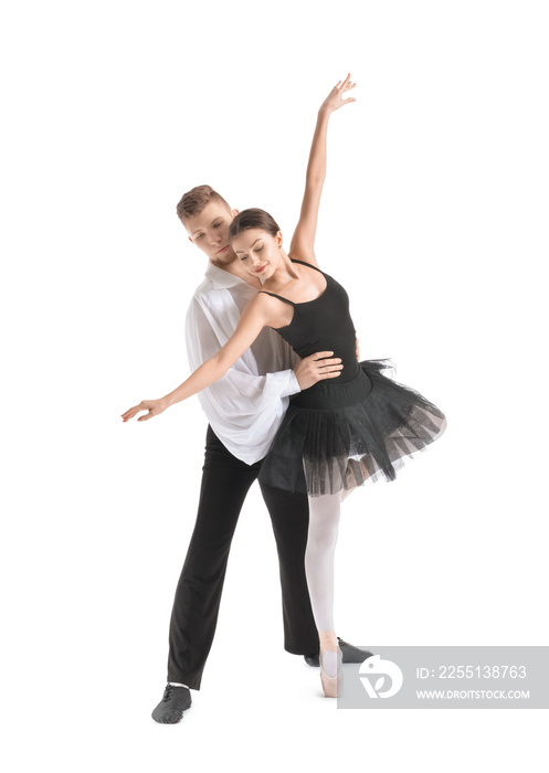 Young ballet dancers on white background