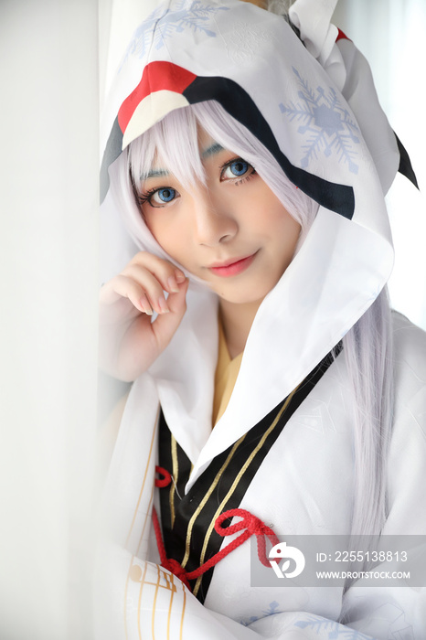 Japan anime cosplay , white japanese miko in white tone room