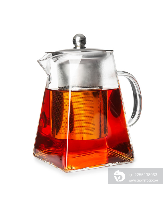 Teapot with hot tea on white background
