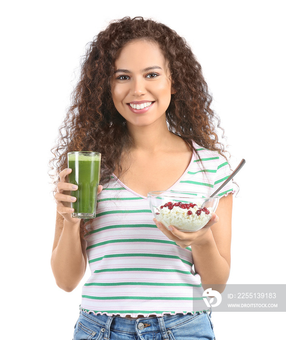 Happy young African-American woman with cottage cheese and smoothie on white background. Diet concept