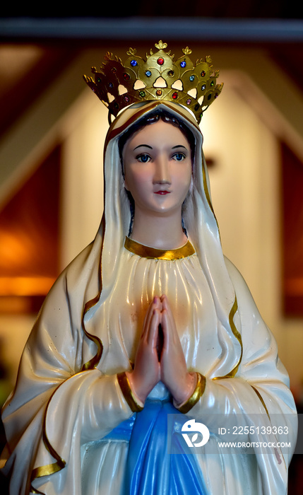 Close up of Statue of Our lady of grace virgin Mary in the church, Thailand. selective focus.