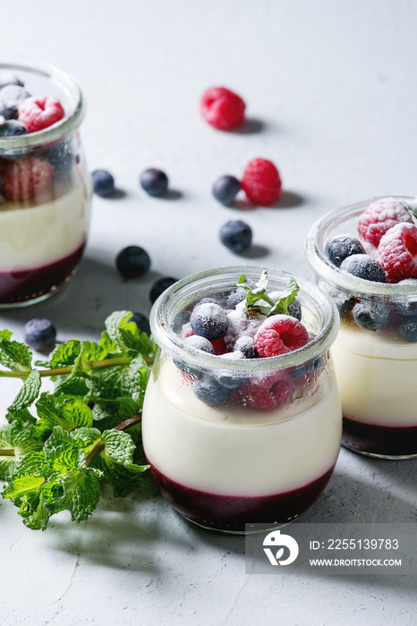 Homemade classic dessert Panna cotta with raspberry and blueberry berries and jelly in jars, decorated by mint and sugar powder over white blue table