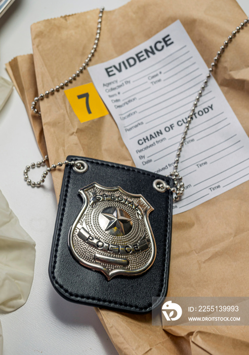 Drug bag next to police badge in crime lab, concept image
