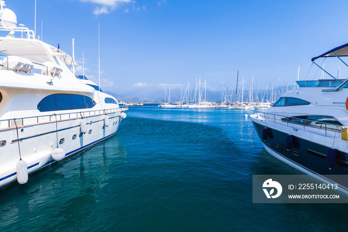 Motor yachts are moored in marina of Ajaccio, Corsica